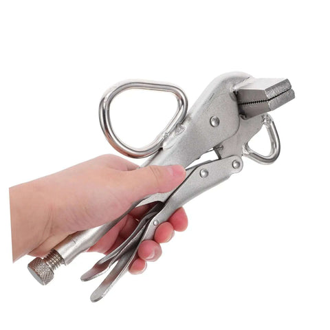 Hand holding Heavy Duty Adjustable Locking Steel Plate Clamp Pliers For Auto Body Repair And Welding, wide duckbill jaw view