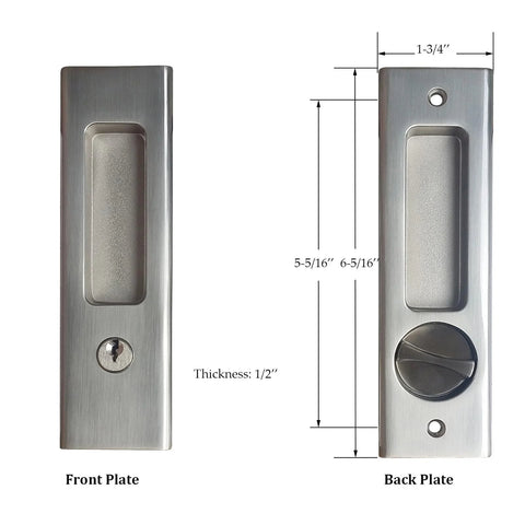 Sliding Door Lock With Invisible Recessed Handle And Latch, Includes Keys, For Pocket Doors And Barn Wood Doors, Interior Privacy Furniture Hardware In Silver Finish, front and back plates shown