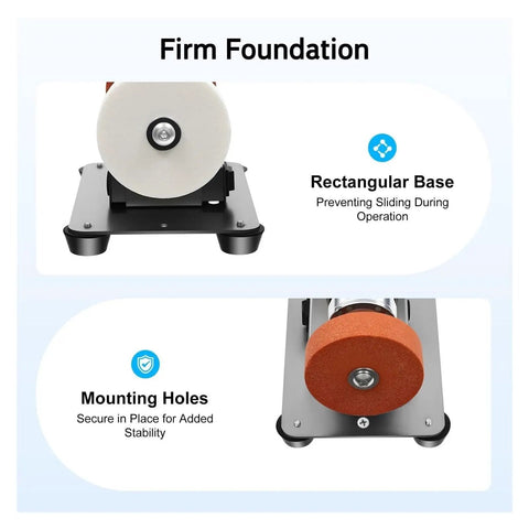 Super Cool 3000-6000Rpm Mini Bench Grinder With Dual Grinding Wheels, 7 Speed Settings And Reversible Motor showing rectangular base and mounting holes for stability.