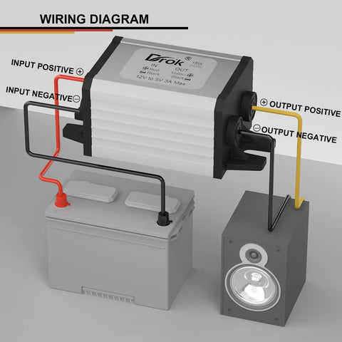 Wiring diagram of Waterproof 12V To 5V Buck Converter With 8 To 35V Input Delivers Stable 5V At Up To 3A 15W connecting battery and speaker