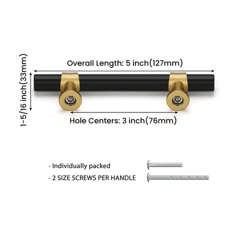 Black and Gold Cabinet Pulls Set, 25 Pack, 3 Inch Center to Center Modern Kitchen Handles with screws and dimensions shown