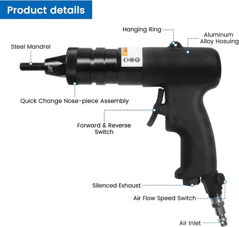 Close-up of Pro Grade Heavy Duty Pneumatic Rivet Nut Gun Kit With Self Locking Head showing features and components.