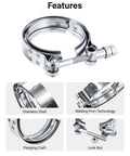 Features of 4 Piece V Band Clamp Kit For 2.5 Inch Flanges, Stainless Steel T Bolt Clamps, includes welding technology and lock nut