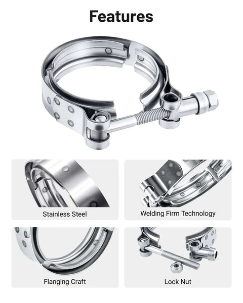 Features of 4 Piece V Band Clamp Kit For 2.5 Inch Flanges, Stainless Steel T Bolt Clamps, includes welding technology and lock nut