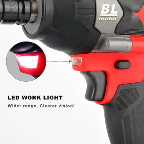 Cordless One Half Inch Impact Wrench Kit With Brushless Motor 20V Max showing LED work light feature