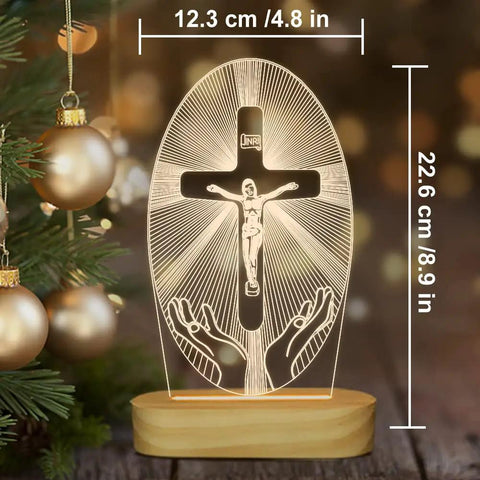 Jesus Cross Night Light USB Powered Cozy Bedside Lamp for Home Decor, warm yellow glow with 3D effect, next to holiday ornaments.