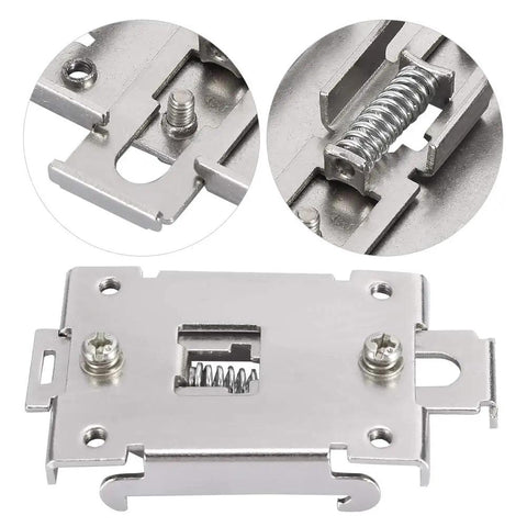 Close-up of Stainless Steel DIN Rail Mount Bracket And Relay Clip For 35mm Rails Easy Install DIN Mounting Accessory.