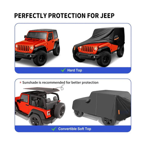 Jeep Wrangler 2 Door Waterproof Car Cover Highly Adjustable All Weather Outdoor Protection With Driver Door Zipper Custom Fit shown on hard and soft tops