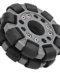 Front view: 100mm double plastic omni wheel with rubber rollers and nylon/brass bearings