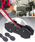 Brake Caliper Press Tool Set With 360 Degree Swing Ratchet Expander For Disc Brakes Brake Pad Spreader Kit Plus Two Extra Large Plates For Single To Sextuple Piston Calipers shown installed and in close-up.