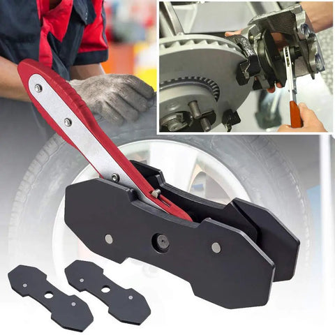 Brake Caliper Press Tool Set With 360 Degree Swing Ratchet Expander For Disc Brakes Brake Pad Spreader Kit Plus Two Extra Large Plates For Single To Sextuple Piston Calipers shown installed and in close-up.