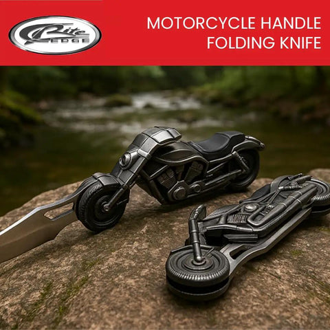 Motorcycle Style Folding Knife With 4.75 Inch Etched Stainless Blade Cast Metal Bike Handle on rock