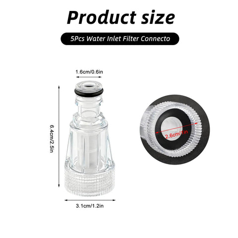 Five Pack Three Quarter Inch Water Inlet Filter Connectors For 20V Max Cordless Pressure Washer DCPW550 Replacement Parts Garden Hose Adapter Set, close-up with dimensions