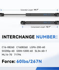 Solid As A Rock Gas Strut Lift Supports 20 Inch Long 60 Pound Force Replacement Springs with interchangeable numbers.