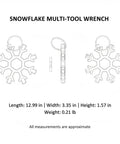 Technical drawing of Compact Snowflake Shaped Multi Tool Wrench for Eyewear, Bike and Camping Repairs with measurements.