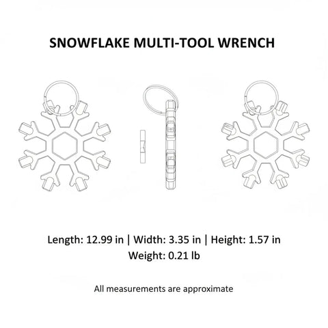 Technical drawing of Compact Snowflake Shaped Multi Tool Wrench for Eyewear, Bike and Camping Repairs with measurements.