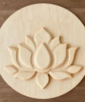 Lotus Flower Acrylic Router Template Seven Nine Inch Square carved lotus design on circular wood panel.