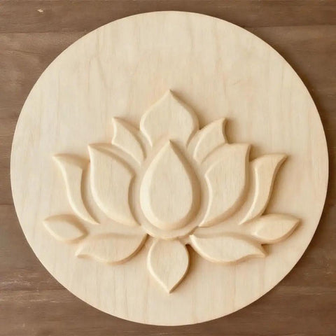 Lotus Flower Acrylic Router Template Seven Nine Inch Square carved lotus design on circular wood panel.