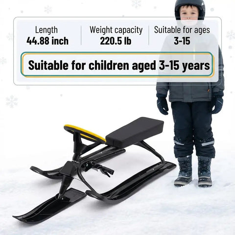 Go Kart Style Snow Sled With Steering Wheel And Brakes For Kids And Adults, 220 Lb Capacity, shown with child for size reference