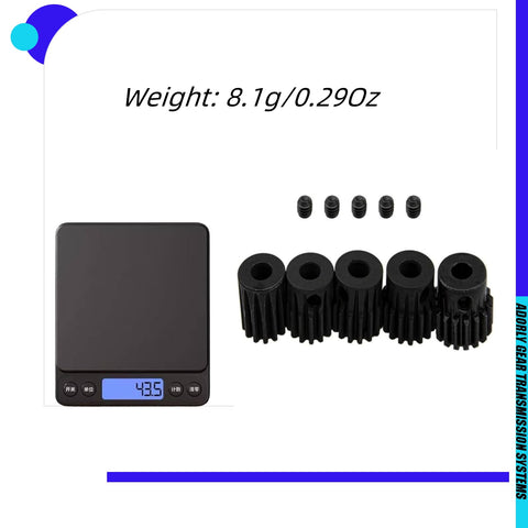 RC Pinion Gear Set 0.5M 2mm Shaft 13T 14T 15T 16T with screws and scale displaying weight of 8.1g