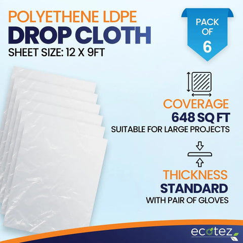 6 Pack 12x9 Ft Extra Large Plastic Drop Cloth For Painting displayed with sheet size and coverage details