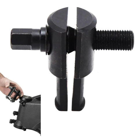 Close-up of Beefed Up Heavy Duty Motorcycle Steering Neck Bearing Race Remover Tool showing jaws and threaded handle.