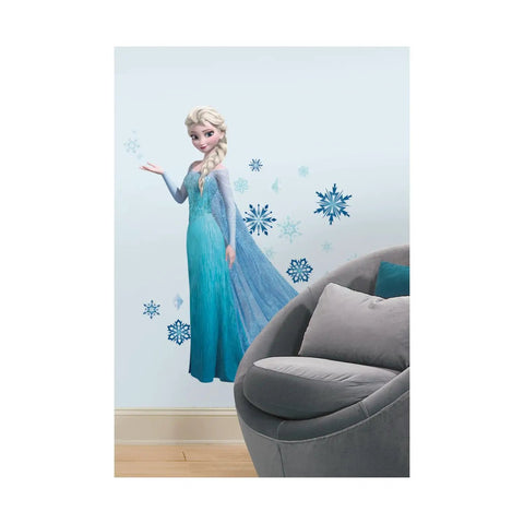 Disney Frozen Elsa Giant Peel And Stick Wall Decals Perfect For Kids Room Decor Super Easy To Apply Removable No Sticky Residue Huge Size 48.75 Inches Wide By 41.5 Inches High With 44 Pieces showing Elsa with snowflakes next to a grey chair on a smooth wall.