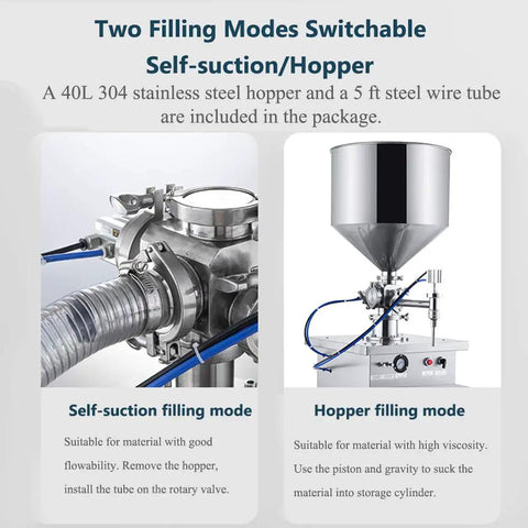 Vertical Piston Liquid And Paste Filling Machine Pneumatic Quantitative Dispenser with 40L 304 stainless steel hopper.