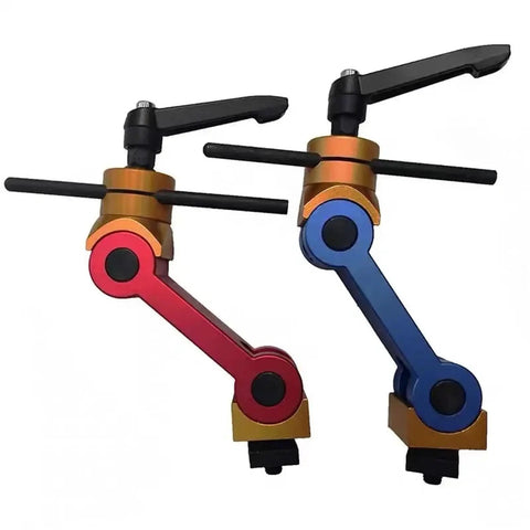 Nail Your Next Project With This Rock Solid Adjustable CNC Mill Workpiece Stop Positioner in red and blue, designed for precision machining.