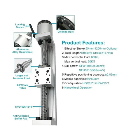 Heavy Duty X Y Z Axis Linear Actuator With Precision Ball Screw And Top Shelf Nema23 Motor For Rock Solid 60Mm Manual Slide Table Setup, components layout.