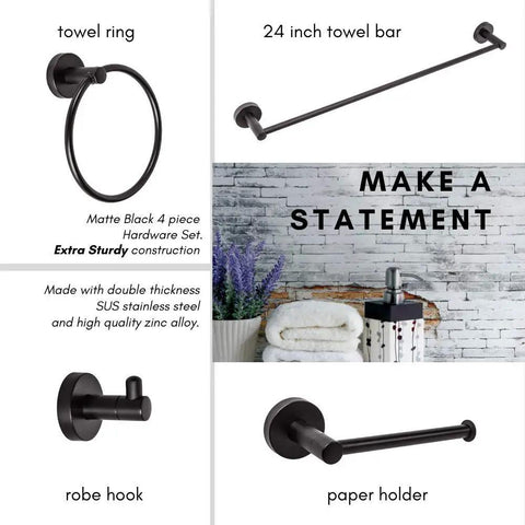 Matte Black Farmhouse Vanity Light And 4 Piece Bathroom Hardware Set With Three Light Fixtures Over Mirror Towel Bar Towel Ring Robe Hook And Toilet Paper Holder For A Bright Modern Bath with towel ring and towel bar displayed.