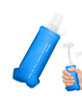 Foldable Water Bottle Soft Portable Leakproof Folding Pouch For Active Mobility Flexible Beverage Sac With Carabiner Made From High Grade Synthetic Film Hydration Gear Slim Pocket Bottle For Runners Hikers And Everyday On The Go, shown as a blue collapsible bottle being held.