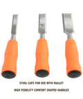 Economy 3 Piece Wood Chisel Set with 1/2 inch, 3/4 inch, and 1 inch hardened blades, mallet-ready steel caps, orange handles