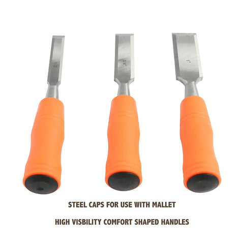 Economy 3 Piece Wood Chisel Set with 1/2 inch, 3/4 inch, and 1 inch hardened blades, mallet-ready steel caps, orange handles