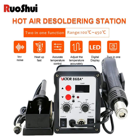 700W Soldering Station With Hot Air Rework featuring digital LED temperature control and adjustable airflow.