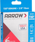 Packaging of Heavy Duty Staples Built For Tough Jobs 3/8-Inch Leg, 3/8-Inch Crown, 1250-Pack by Arrow for upholstery and construction.