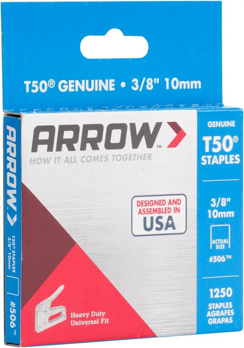 Packaging of Heavy Duty Staples Built For Tough Jobs 3/8-Inch Leg, 3/8-Inch Crown, 1250-Pack by Arrow for upholstery and construction.