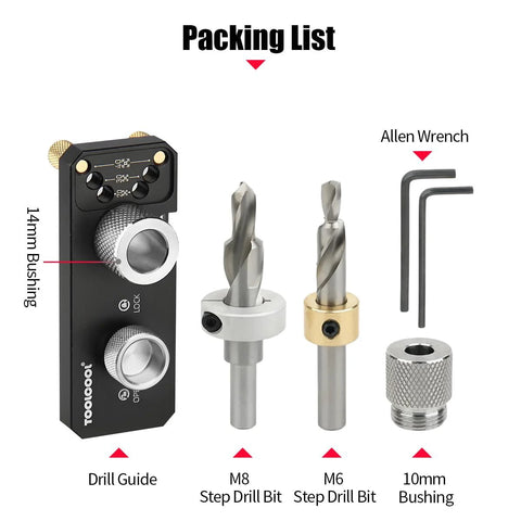 Aluminum Profile Drill Guide With M6 And M8 Step Drill Bits For 20, 30 And 40 Series European Standard Aluminum Extrusion Profiles shown with Allen wrenches and bushings