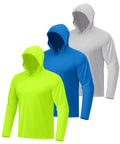 Three Pack Men's UPF Fifty Plus Hooded Sun Shirts, Long Sleeve UV Protection Rash Guard Set in neon green, blue, and gray