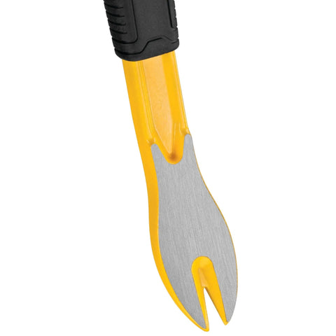 Close-up of 12 Inch Claw Bar Grip beefy heavy duty pry bar with multi-color handle for demolition, prying nails, leverage, and construction projects.