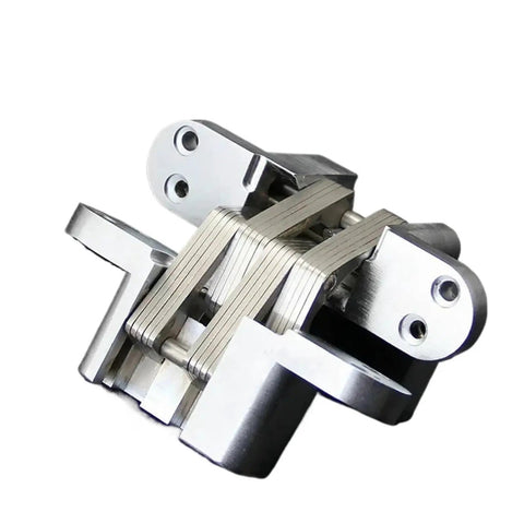 Super Heavy Duty Stainless Steel Hidden Cross Door Hinges Rock Solid Invisible Concealed Folding Hardware No Hassle Installation High Weight Capacity Set For Home Renovations close-up view of the hinge assembly.