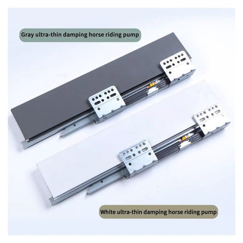 Gray and white undermount drawer slides, soft close tandem, hidden install, 45kg load, shown in two colors.