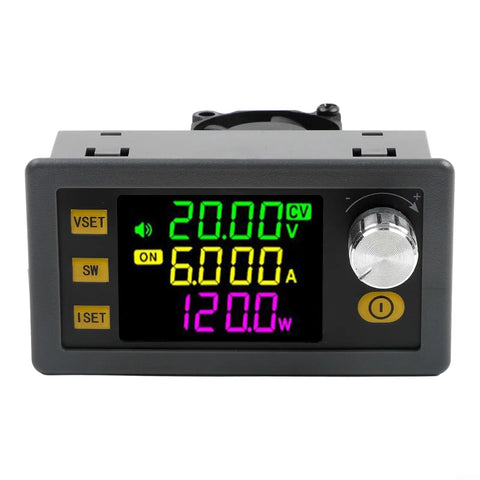 Front view of Beefy 120W Adjustable DC-DC Converter With LCD Display, showing current and voltage settings for versatile DIY use.
