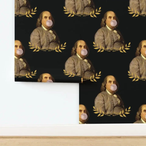 Benjamin Franklin Pvc Free Vintage Hero Wallpaper Featuring Dang Tough Polyester Blend And Rugged Linen Texture Built For High Traffic Zones With Zero Fuss Paste To Paper Install with portraits and gold leaves.