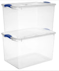 Blue 66 Quart Clear Storage Bin with Latching Lid for Easy Grip Heavy Loads Stackable Plastic Container Organize Clothing Boots and Seasonal Gear stacked together.