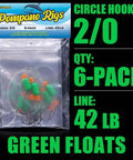 Six-pack surf fishing rigs for pompano and saltwater gear with double circle and wide gap hooks, 42lb line, green floats