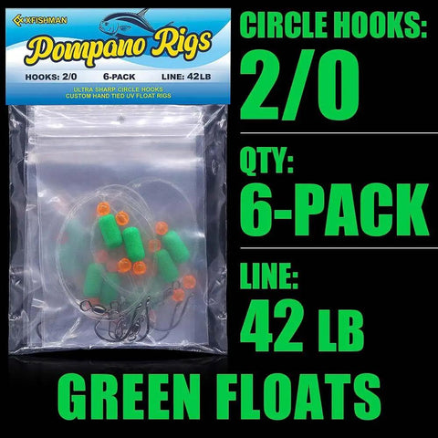 Six-pack surf fishing rigs for pompano and saltwater gear with double circle and wide gap hooks, 42lb line, green floats