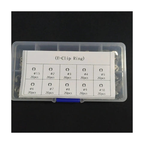 Stainless Steel E Clip Washer Set 200 Pieces In Sizes 1.5Mm 2Mm 2.5Mm 3Mm 4Mm 5Mm 6Mm 7Mm 8Mm 9Mm 10Mm box with labels