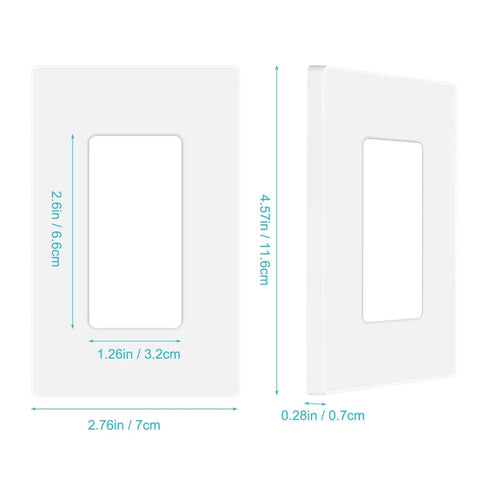 Front and side view of 10 Pack 1-Gang Screwless Wall Plates For Light Switch Dimmer GFCI USB Outlet Decorator Style Covers Durable Polycarbonate, dimensions shown