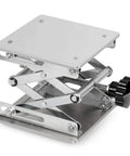 Stainless steel lab scissors jack with 6x6 in square platform; adjustable lift with black knob.